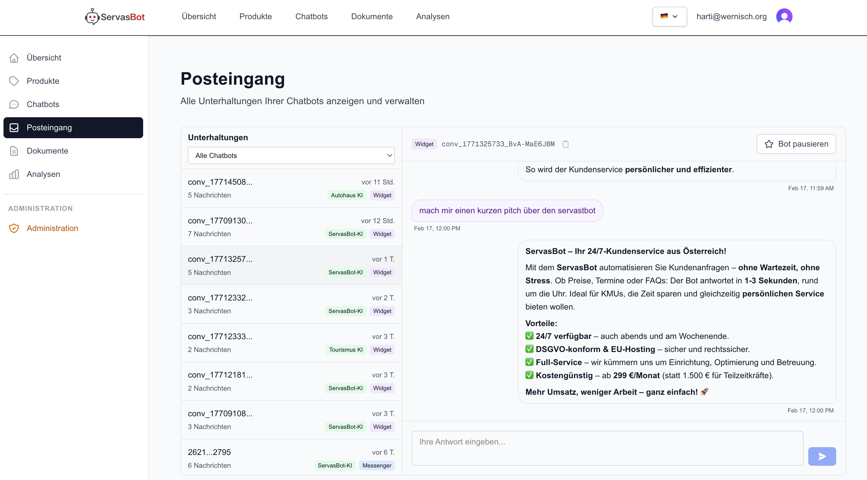 ServasBot ServasBot Dashboard: Gespräche, Analysen und Einstellungen auf einen Blick