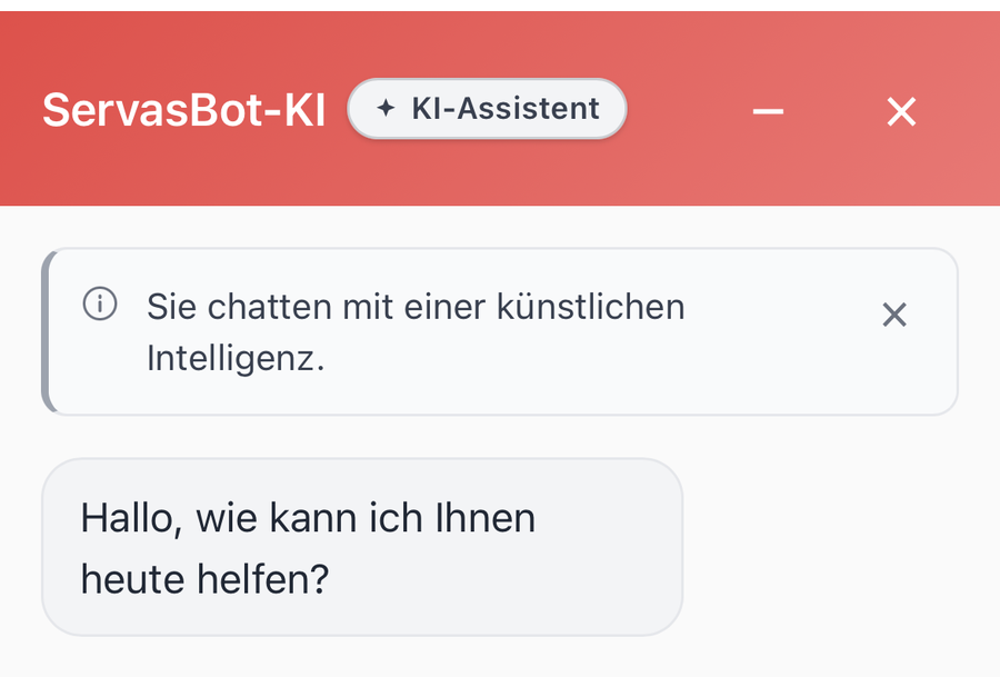 ServasBot chat window with a permanent AI assistant label in the header and a separate notice above the welcome message stating that the visitor is chatting with an artificial intelligence