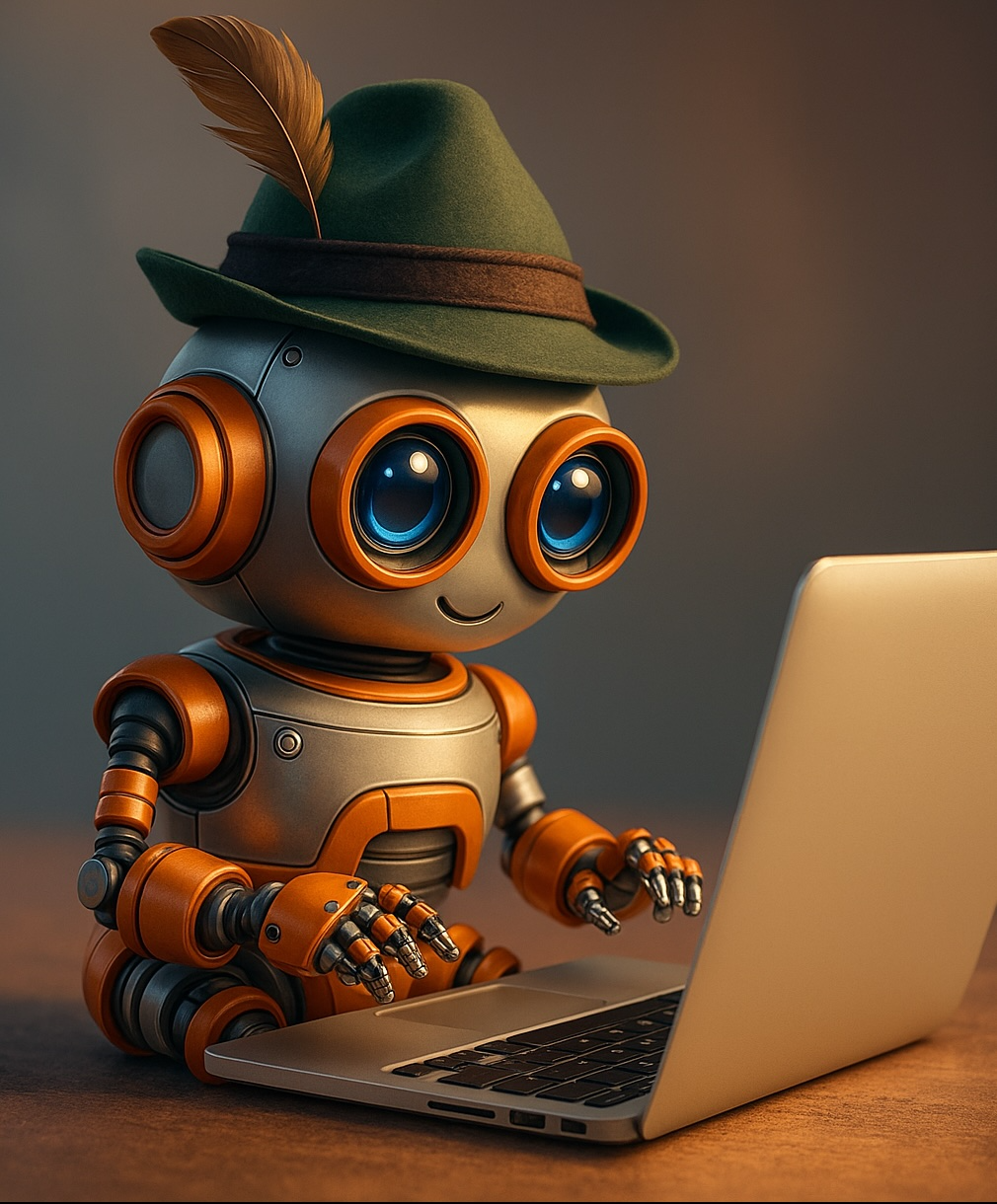 Servasbot Roboter mit Tiroler Hut am Laptop